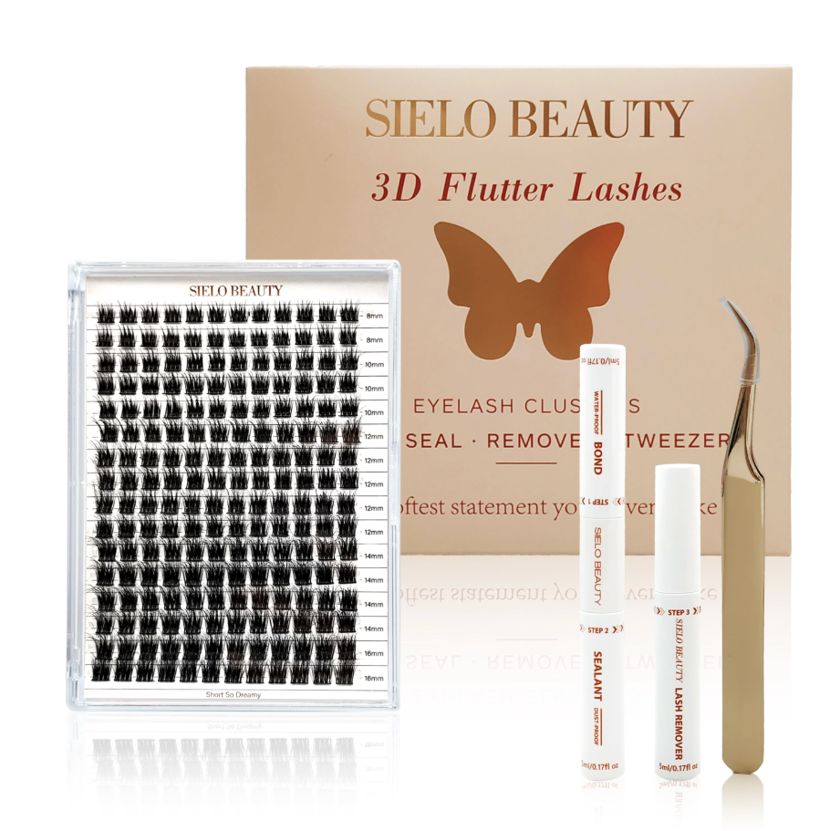 Sielo Beauty 3D Flutter Lashes eyelash extension kit featuring a beige box with a gold butterfly logo, a clear tray of black lash clusters in various lengths from 8mm to 16mm, gold curved tweezers, and white tubes of Bond, Sealant, and Lash Remover