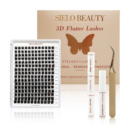 Sielo Beauty 3D Flutter Lashes eyelash extension kit featuring a beige box with a gold butterfly logo, a clear tray of black lash clusters in various lengths from 8mm to 16mm, gold curved tweezers, and white tubes of Bond, Sealant, and Lash Remover
