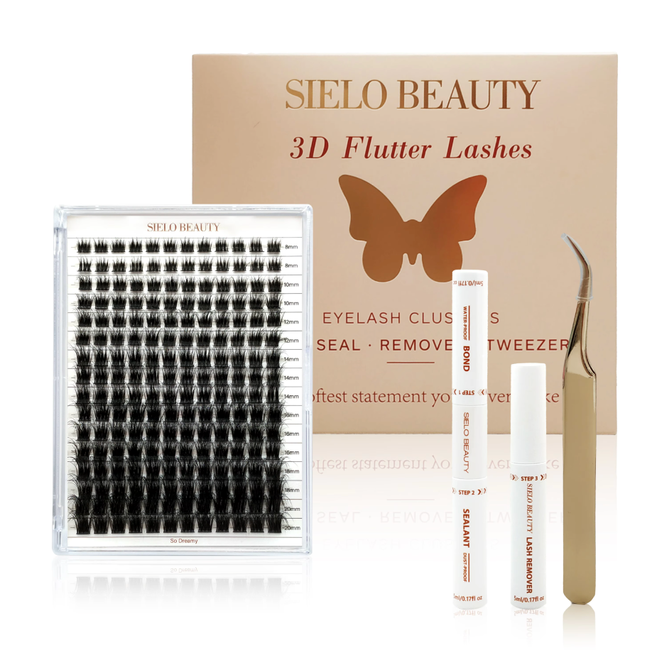 A Sielo Beauty 3D Flutter Lashes kit displayed with a clear tray of So Dreamy black eyelash clusters in varying lengths from 8mm to 20mm, a beige box featuring a prominent gold butterfly logo, a gold curved applicator tweezer, and three white tubes for a 3-step bond, sealant, and lash remover system