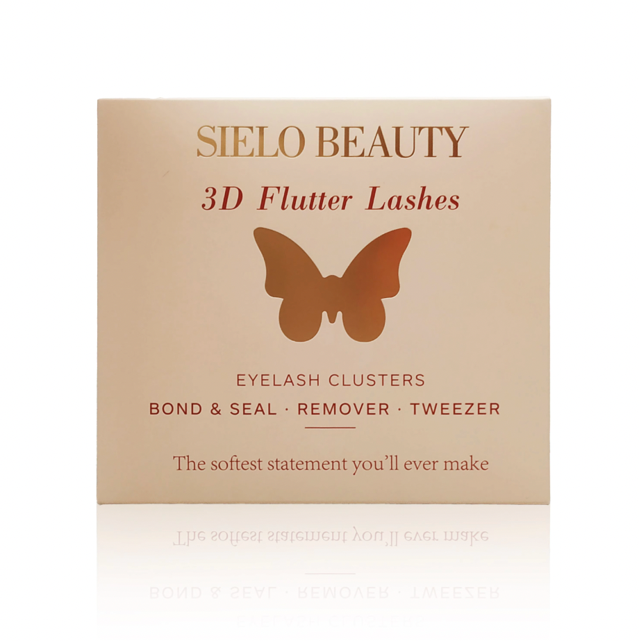 SIELO BEAUTY product packaging for 3D Flutter Lashes Eyelash Clusters, a beige box with a shimmering rose gold butterfly logo and "Bond & Seal Remover Tweezers" text, presented on a white studio background