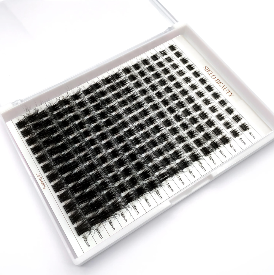SIELO BEAUTY pre-made volume lash fans in a white tray displaying varying lengths from 8mm to 20mm with 'So Dreamy' branding