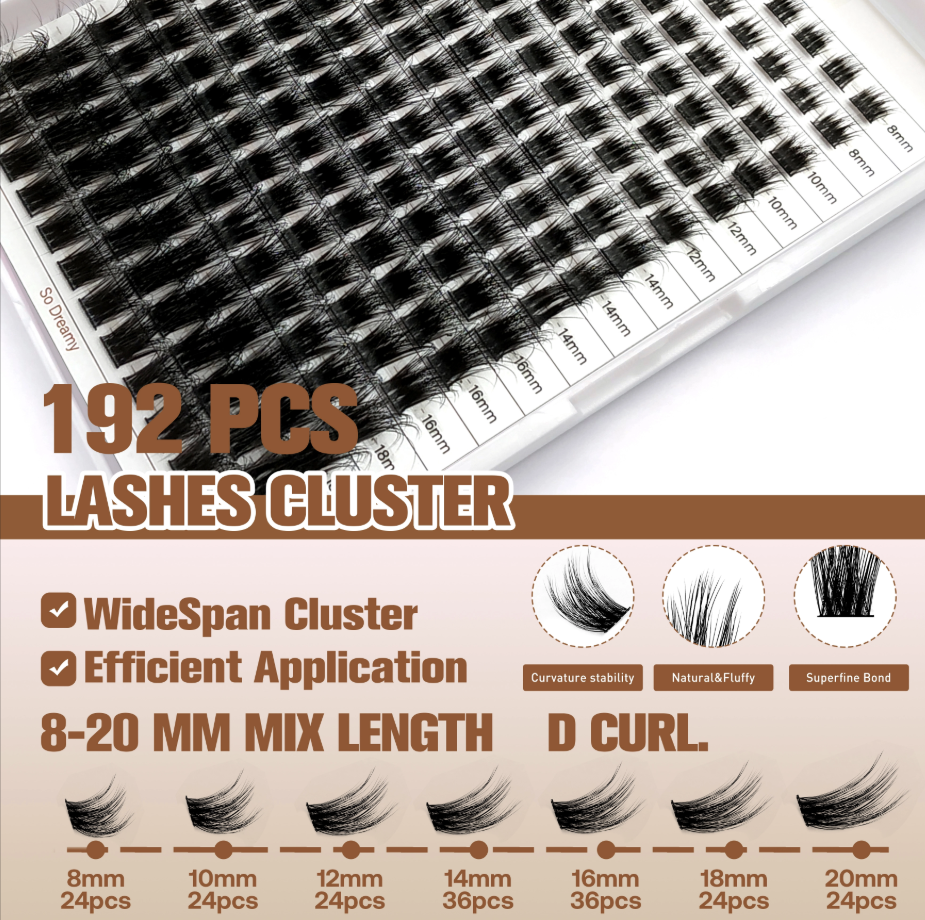 So Dreamy 192 PCS WideSpan Cluster D curl black false eyelashes with 8-20mm mixed lengths in a white product tray for efficient application
