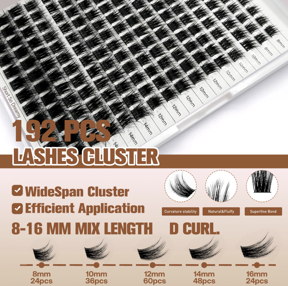A close-up of a white tray containing 192 pieces of black individual lash clusters in an 8-16mm mix length D curl, highlighted as WideSpan Cluster for efficient application and natural fluffy appearance